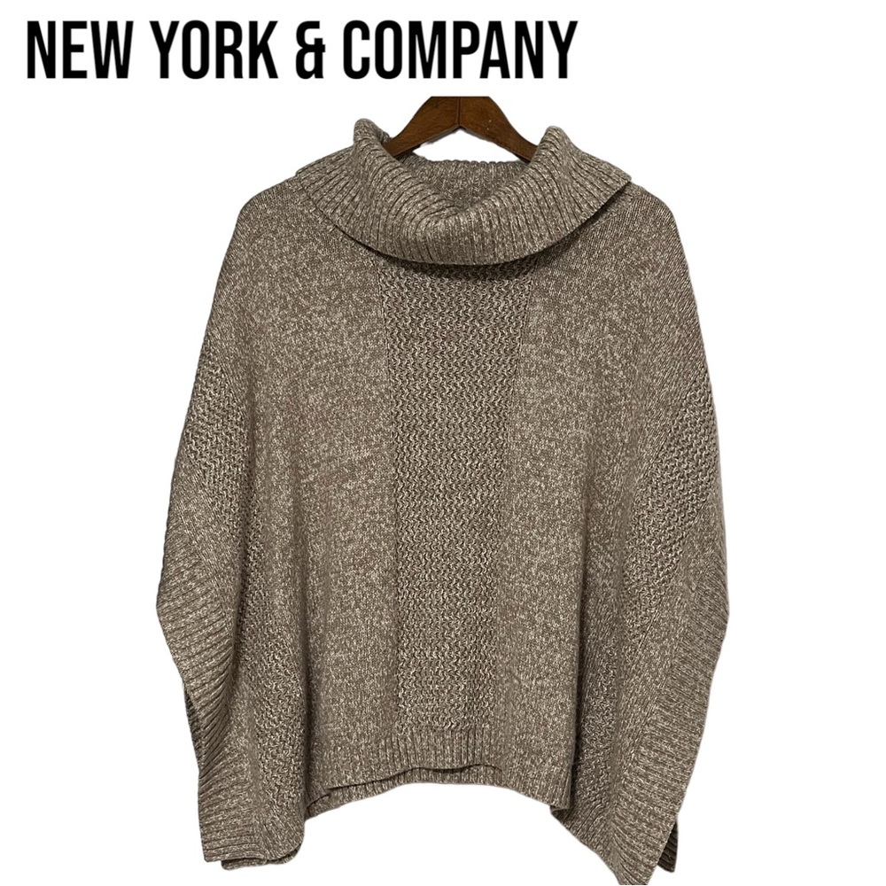 New York & Company COWL NECK KNIT PONCHO SWEATER Small TAN BEIGE EUC
